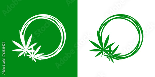 Logo con marco circular con líneas con silueta de hoja verde de cannabis photo