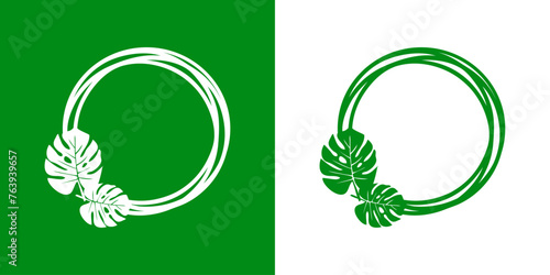Logo con marco circular con líneas con silueta de hojas de monstera
