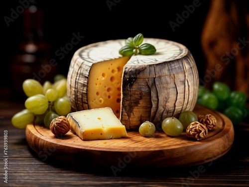 A beautiful, large piece of cheese on a wooden board, healthy dairy products.