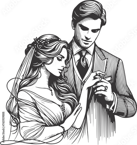 line drawing romantic wedding couple one line art love vector illustration