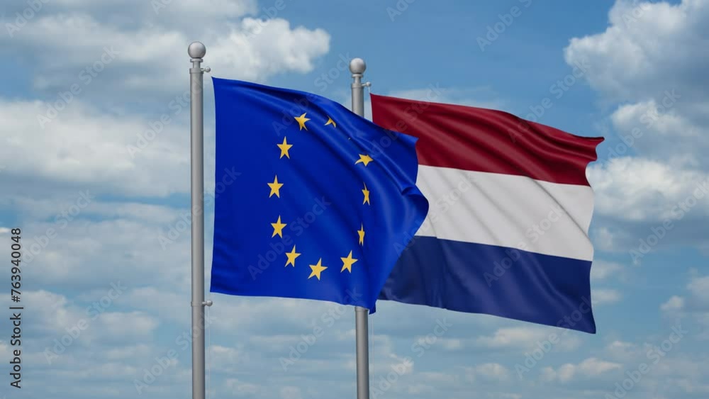 Netherlands and European Union two flags waving together, looped video, two country relations concept Netherlands and European Union two flags waving together, looped video, two country relations concept