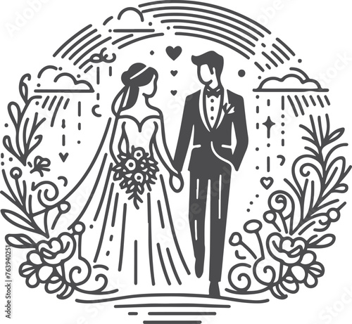 line drawing romantic wedding couple one line art love vector illustration