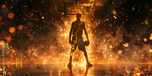 Muscular young man standing basketball player with ball flames background photo