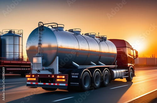 A large metal gasoline tanker with fuel is moving towards a fuel tank