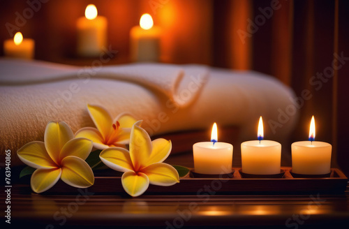 Burning aromatic candles with frangipani flowers on a wooden tray in a spa salon.