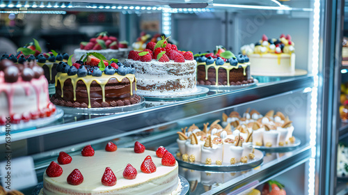 A modern bakery with various types of Desserts and cakes. A showcase with Cakes. Image for cafe menu, Banner