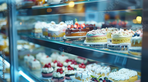 A modern bakery with various types of Desserts and cakes. A showcase with Cakes. Image for cafe menu, Banner © Irina