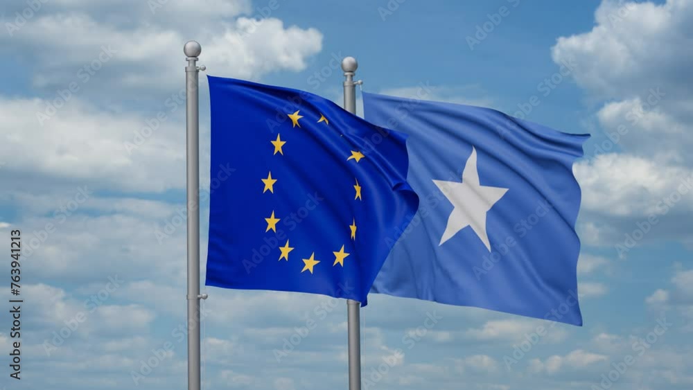 Somalia and European Union two flags waving together, looped video, two country cooperation concept Somalia and European Union two flags waving together, looped video, two country cooperation concept