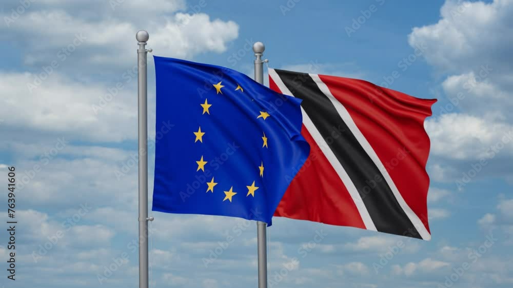 Trinidad and Tobago and European Union two flags waving together, looped video, two country cooperation concept Trinidad and Tobago and European Union two flags waving together, looped video, two country cooperation concept