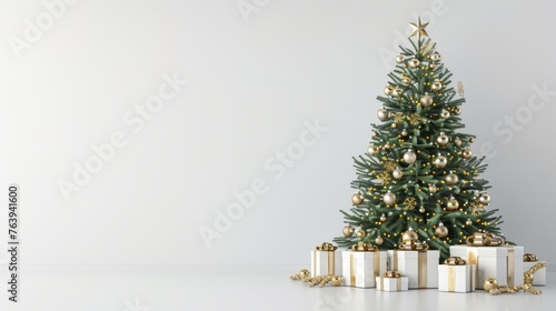 Festive christmas tree with golden baubles and presents on snowy white background