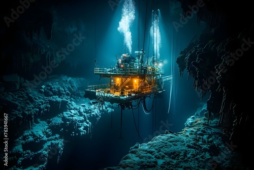 Underwater mining operation extracting rare earth minerals from deep ocean floor. Concept Deep Sea Mining, Rare Earth Minerals, Underwater Operations, Environmental Impact, Subsea Technology