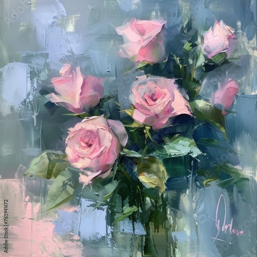 A painting featuring a vibrant bouquet of pink roses arranged in a crystal vase. The delicate petals and green stems are meticulously depicted, offering a lifelike portrayal of the floral arrangement © lublubachka
