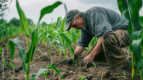 A young agronomist examines corn cobs on agricultural land. Farmer in a corn field on a sunny day