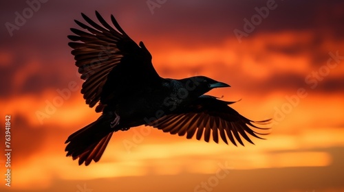 A crow spreads its wings wide in flight against a dramatic backdrop of a fiery orange sunset, showcasing the beauty of nature in motion