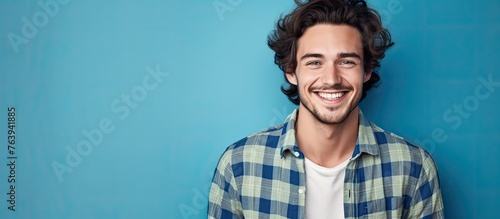 An individual with curly hair wearing a plaid shirt is showing a cheerful expression photo