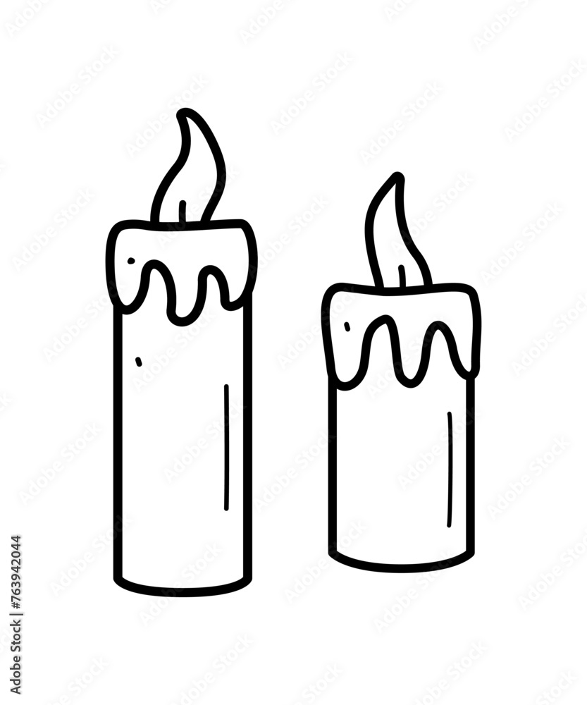 Two icons of a burning candle doodle style. Vector illustration of a wax candle. Isolated on white. Two icons of a burning candle doodle style. Vector illustration of a wax candle. Isolated on white.