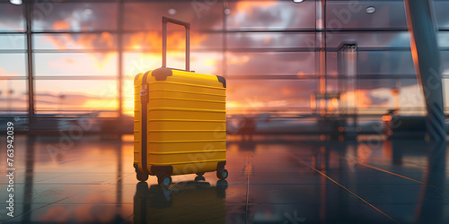 Traveling with luggage waiting commercial airplane Yellow suitcase cloudy sky airport glossy window sunlight background 