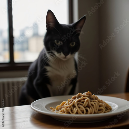 Cat looking to plate of spaghetti bolognese