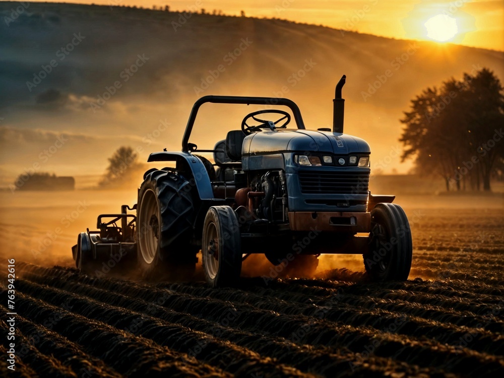 Tractor at dawn in the field. Plowing rural land before planting. - obrazy, fototapety, plakaty 