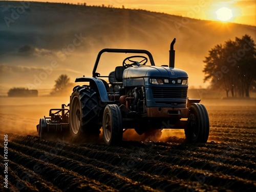 Tractor at dawn in the field. Plowing rural land before planting.