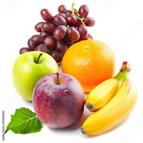 A pile of fresh fruits, fresh fruits, banana, apple, orange, grape, lemon, leaves, diet, exercise, healthy food, healthy, farming, ruits isolated, fruits white background