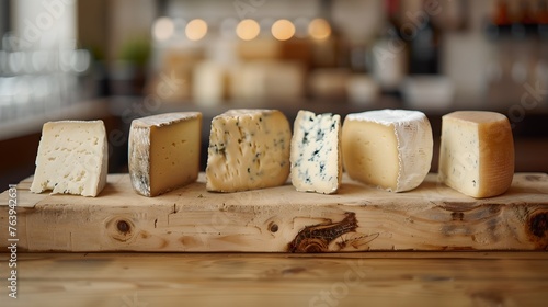 Variety of Gourmet Cheeses on a Rustic Wooden Board at an Artisan Deli photo