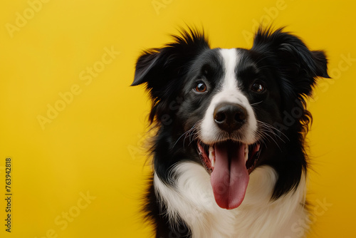 A border collie dog sticking out its tongue, isolated on yellow background © 수동 김