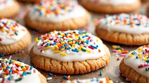 Vibrant professional food photography of frosted sugar cookies with colorful sprinkles © Andrei