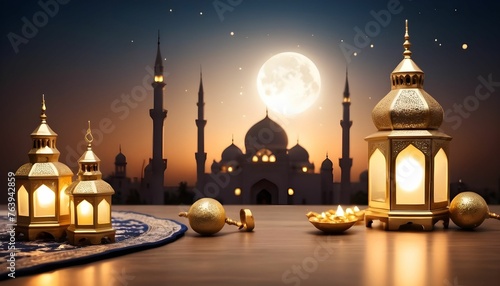 Eid Mubarak background with shinning lamps on a table and Eid celebrations behind them a blurred mosque with white and golden colours and moon on sky top