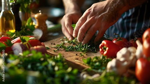 Fresh Ingredients on a Cutting Board with Hands Chopping Herbs