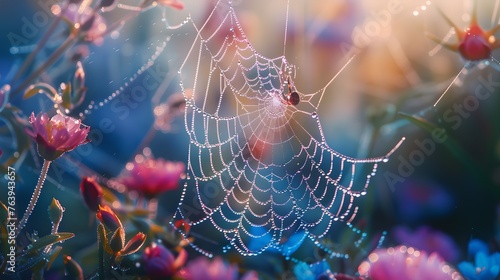Dew-kissed Spiderweb Amongst Vibrant Flowers at Dawn