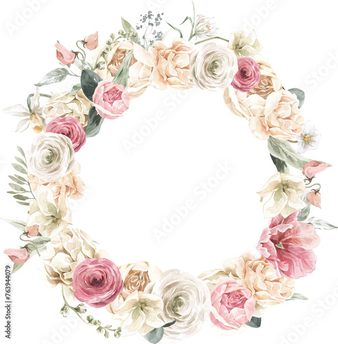 Watercolor Floral Bouquet Arch Frame. Pastel Wreath for Wedding Invitation Card