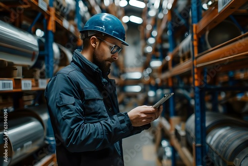 Wallpaper Mural Quality Control Expert Inspects Steel Pipe Material on Warehouse Production Shelves. Concept Quality Control, Expert Inspection, Steel Pipes, Warehouse Production, Shelves Torontodigital.ca