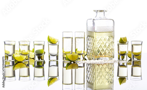 Tequila shots with lime slices and salt isolated on white. © Igor Normann