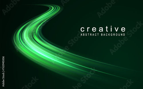 Green glowing shiny lines effect vector background. Luminous white lines of speed. Light glowing effect. Light trail wave, fire path trace line and incandescence curve twirl.