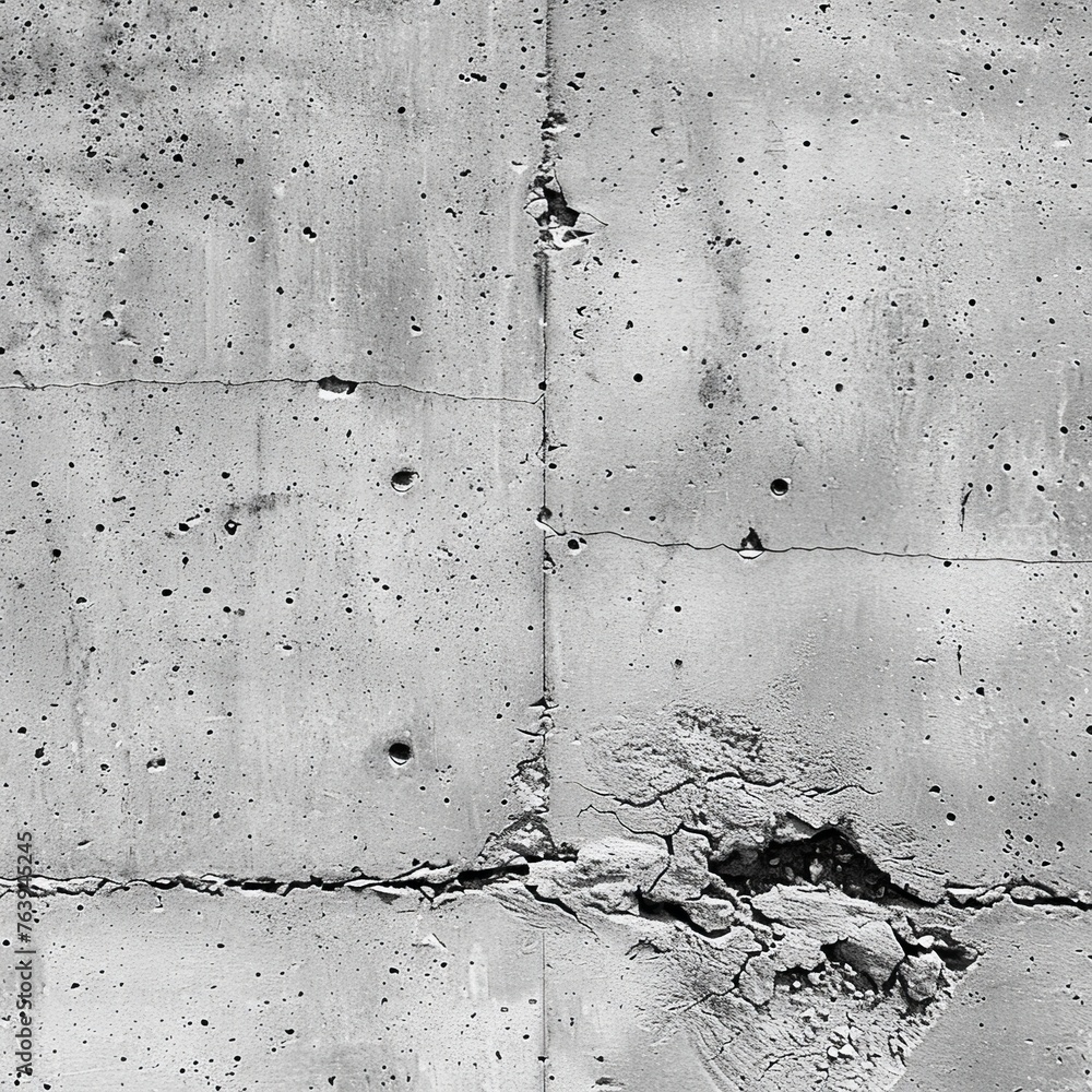 Obraz premium Macro shot of a weathered concrete surface with details of cracks and pockmarks, depicting the passage of time and elements