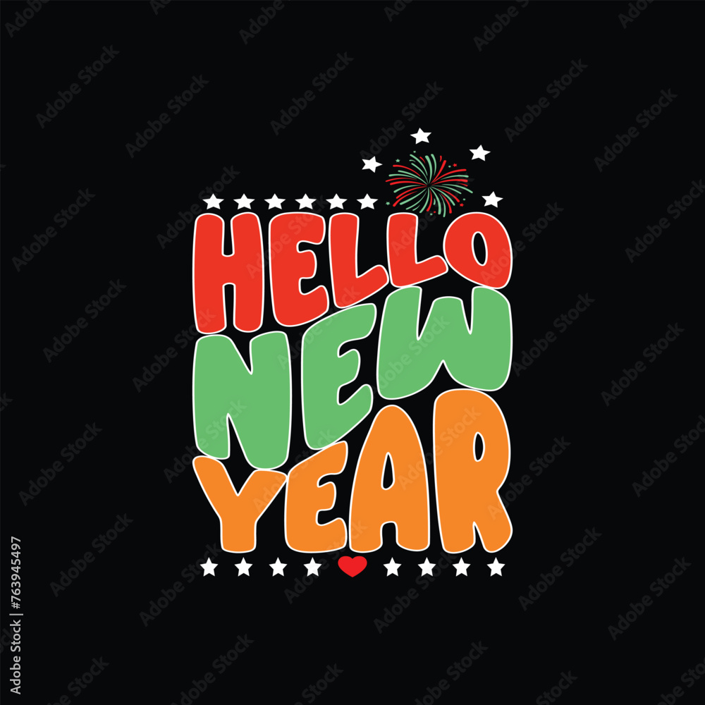 Hello New Year illustrations with patches for t-shirts and other uses Hello New Year illustrations with patches for t-shirts and other uses