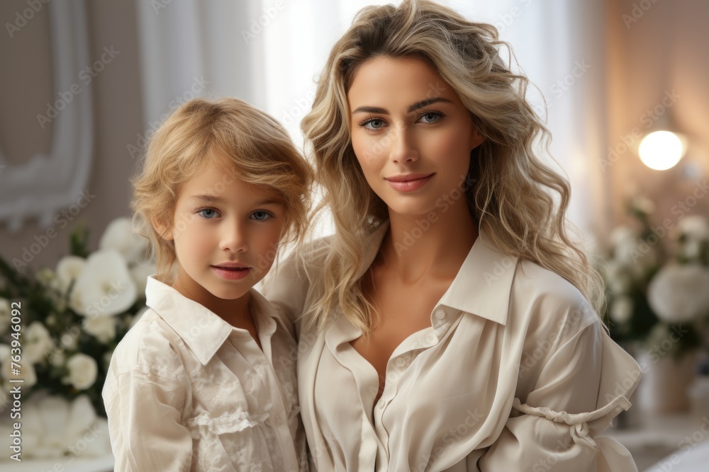 Fototapeta premium Mother and Child in Elegant Beige Attire