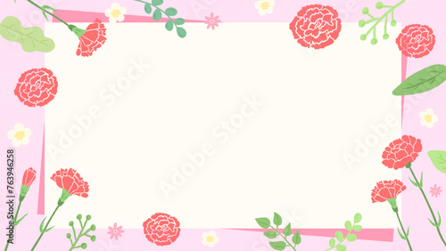 Carnation background frame inspired by Mother's Day, cute hand drawn illustration / 母の日をイメージしたカーネーションの背景フレーム、かわいい手描きイラスト