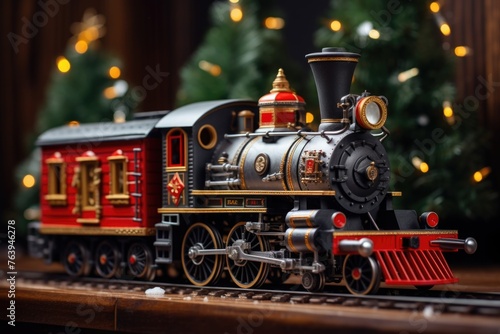 Toy Locomotive Under the Christmas. Toy Train Under the Christmas
