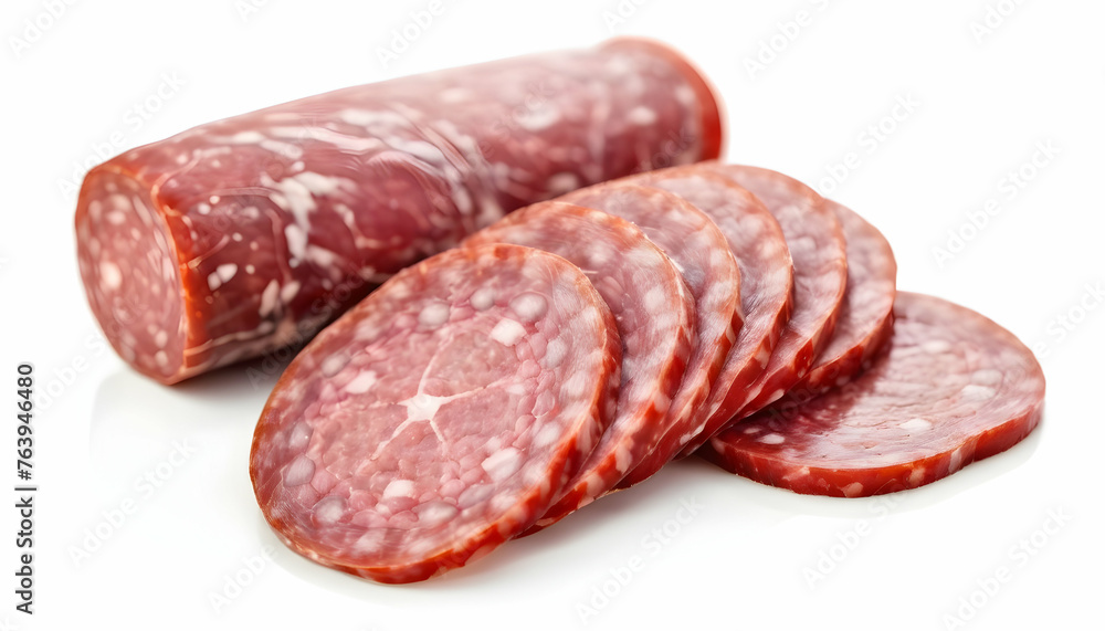 Slices of salami. Isolated on a white background. Slices of salami. Isolated on a white background.