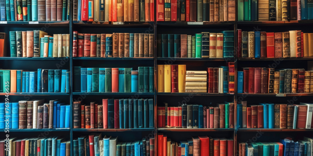 A bookshelf filled with colorful books, books in library self A bookshelf filled with colorful books, books in library self
