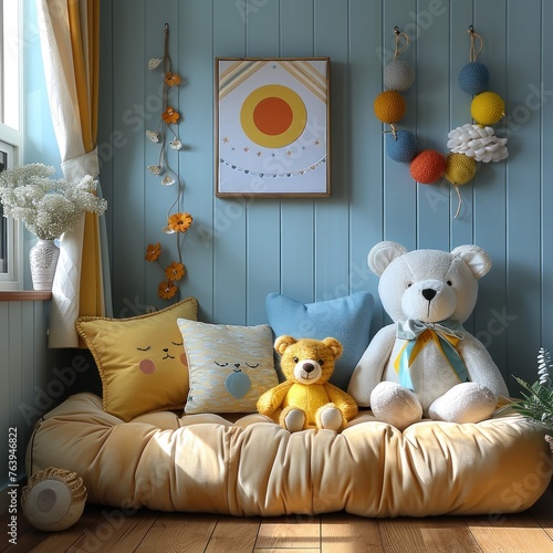 Cute children's style room with yellow sofa  and wall art photo