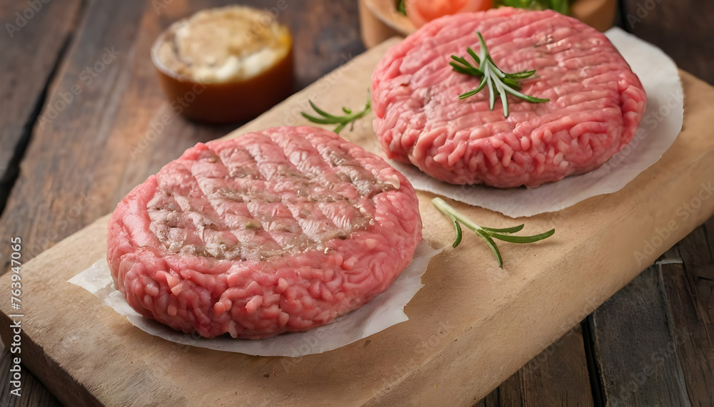 Raw Ground beef meat Burger steak cutlets on wooden background Raw Ground beef meat Burger steak cutlets on wooden background