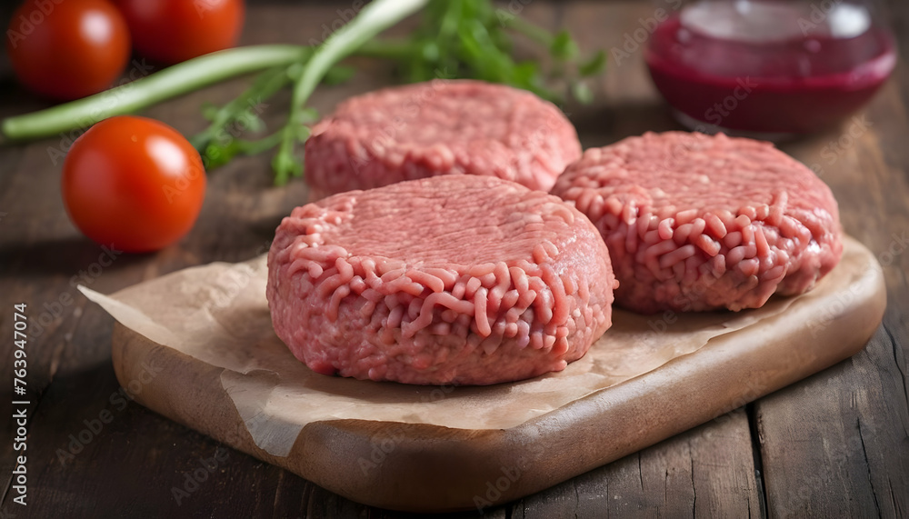 Raw Ground beef meat Burger steak cutlets on wooden background Raw Ground beef meat Burger steak cutlets on wooden background
