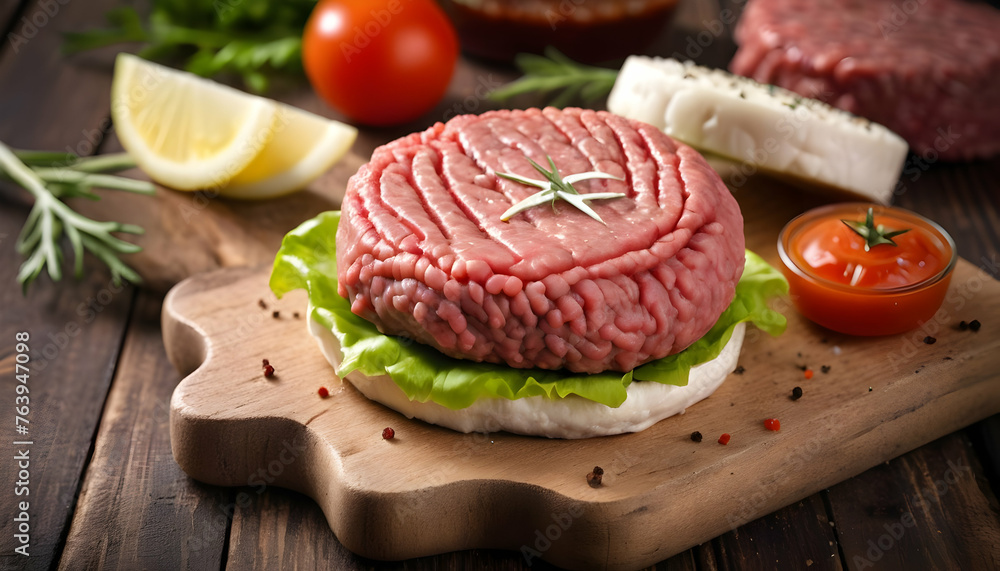 Raw Ground beef meat Burger steak cutlets on wooden background