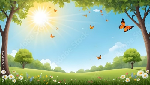 Happy summer season background with having garden full of trees butterflies and birds along with bight sun and clear sky photo