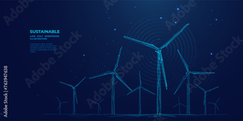 Polygonal wind power. Wind turbine farm landscape. Abstract technology futuristic 3D windmill park. Sustainable energy on electric blue background. Low poly digital wireframe vector illustration. (ID: 763947638)
