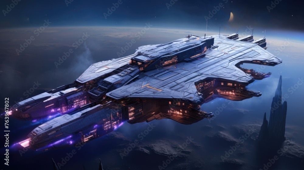 Massive spaceship flying through a cosmic nebula with firing guns. Massive spaceship flying through a cosmic nebula with firing guns.