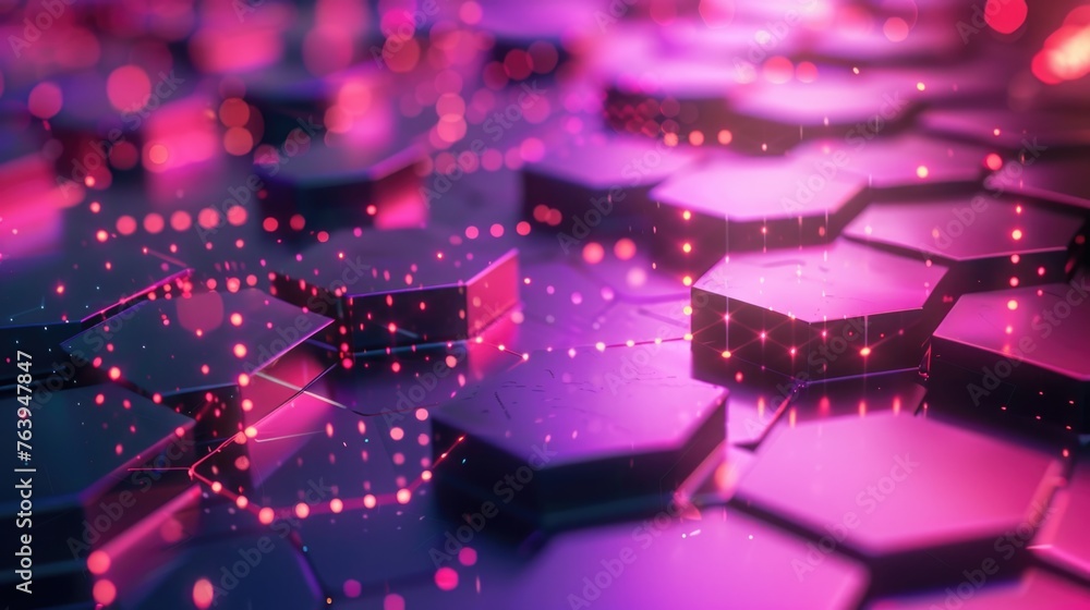 Fototapeta premium Abstract network of connected hexagonal shapes with glowing nodes on a purple background.